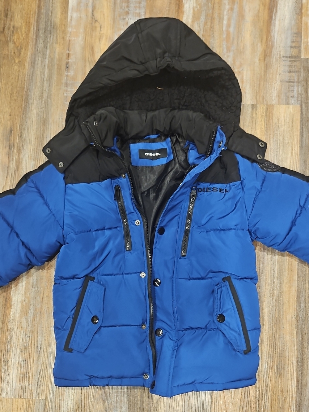 Diesel Blue and Black Kids Hooded Puffer Coat